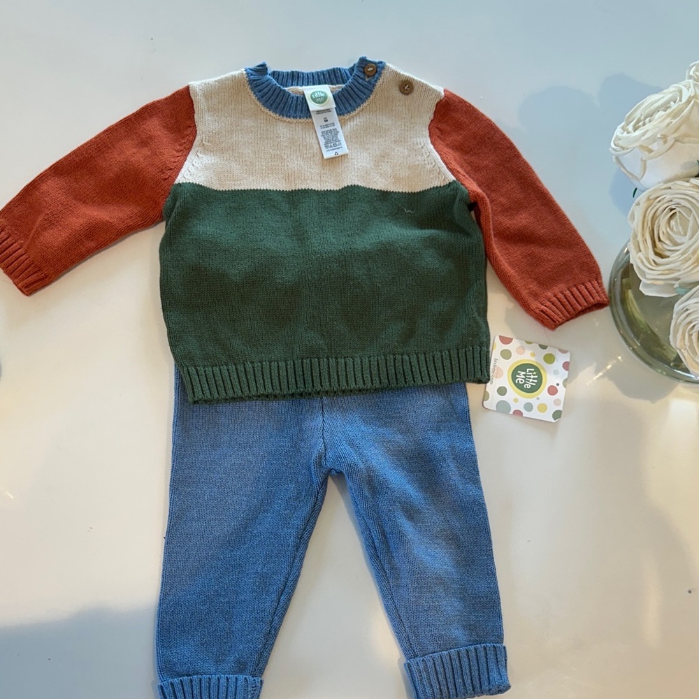 Little Me Colorblock Knit Sweater & Pants Set - Blue, Green, Cream, Rust